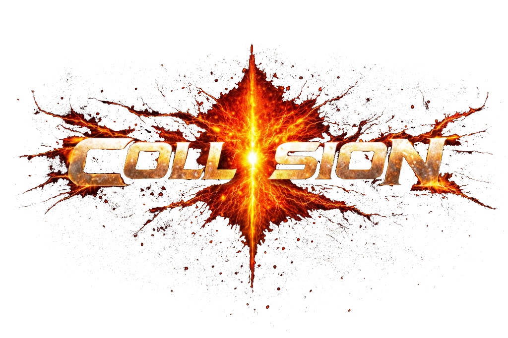 Collision band logo with metallic lettering and a fiery explosion forming the letter I on a transparent background